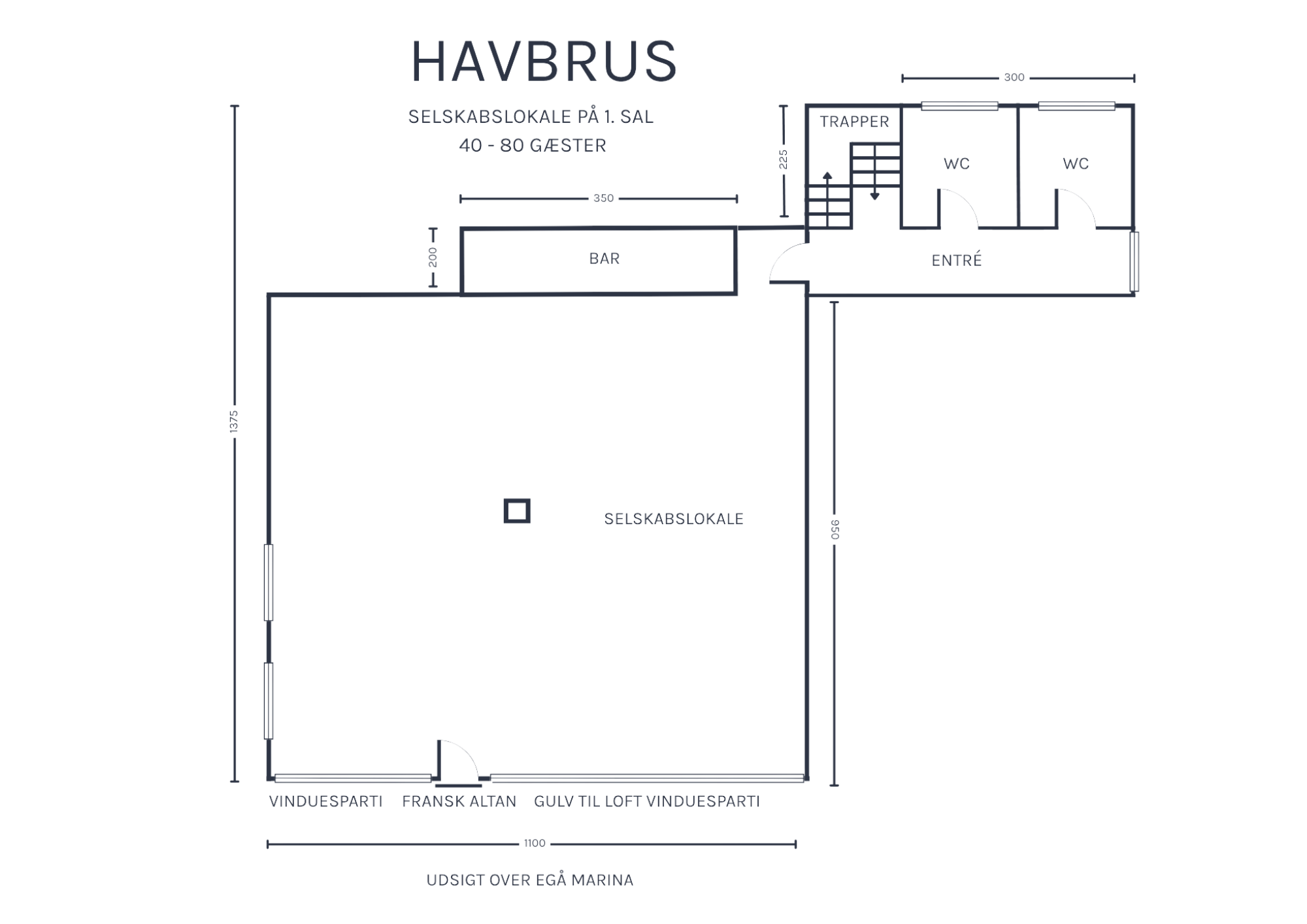 Plantegning af selskabslokalet Havbrus på 1. sal hos Havrum ved Egå Marina med plads til 40-80 personer og udsigt over marinaen og Aarhus Bugt