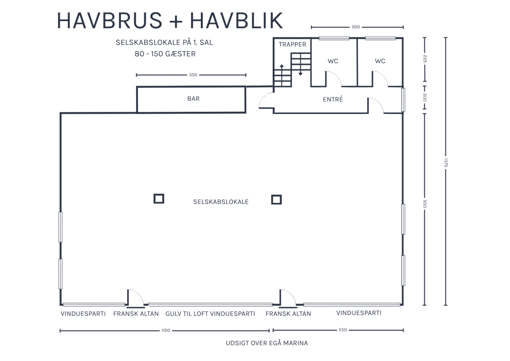 Plantegning af selskabslokalerne Havbrus og Havblik på 1. sal hos Havrum ved Egå Marina med plads til 80-150 personer og udsigt over marinaen og Aarhus Bugt
